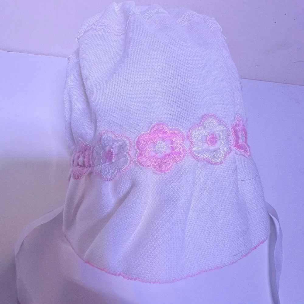 Infant Bonnet White‎ Pink Floral Embroidered Ruffle Lace Tie Vintage